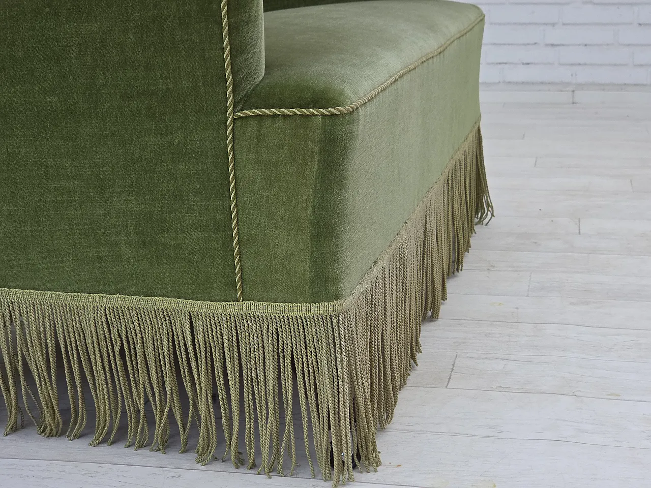 Danish 2-seater sofa green velour, beech wood legs, 1970s 11