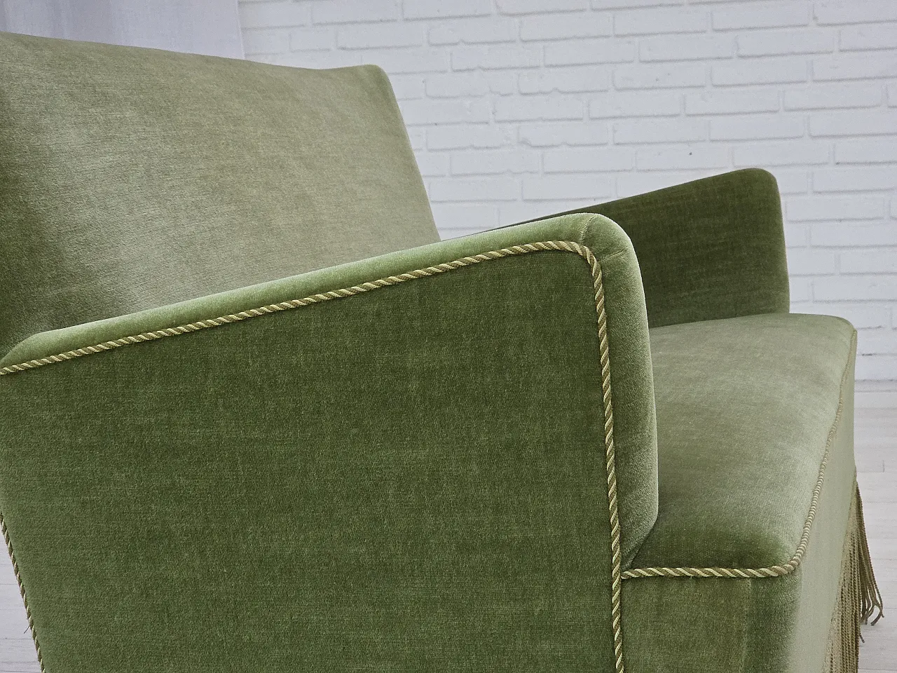 Danish 2-seater sofa green velour, beech wood legs, 1970s 12