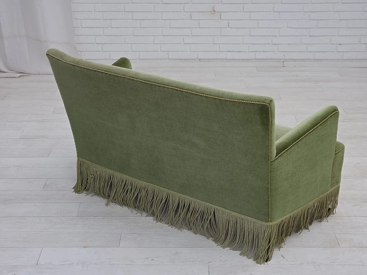 Danish 2-seater sofa green velour, beech wood legs, 1970s 13