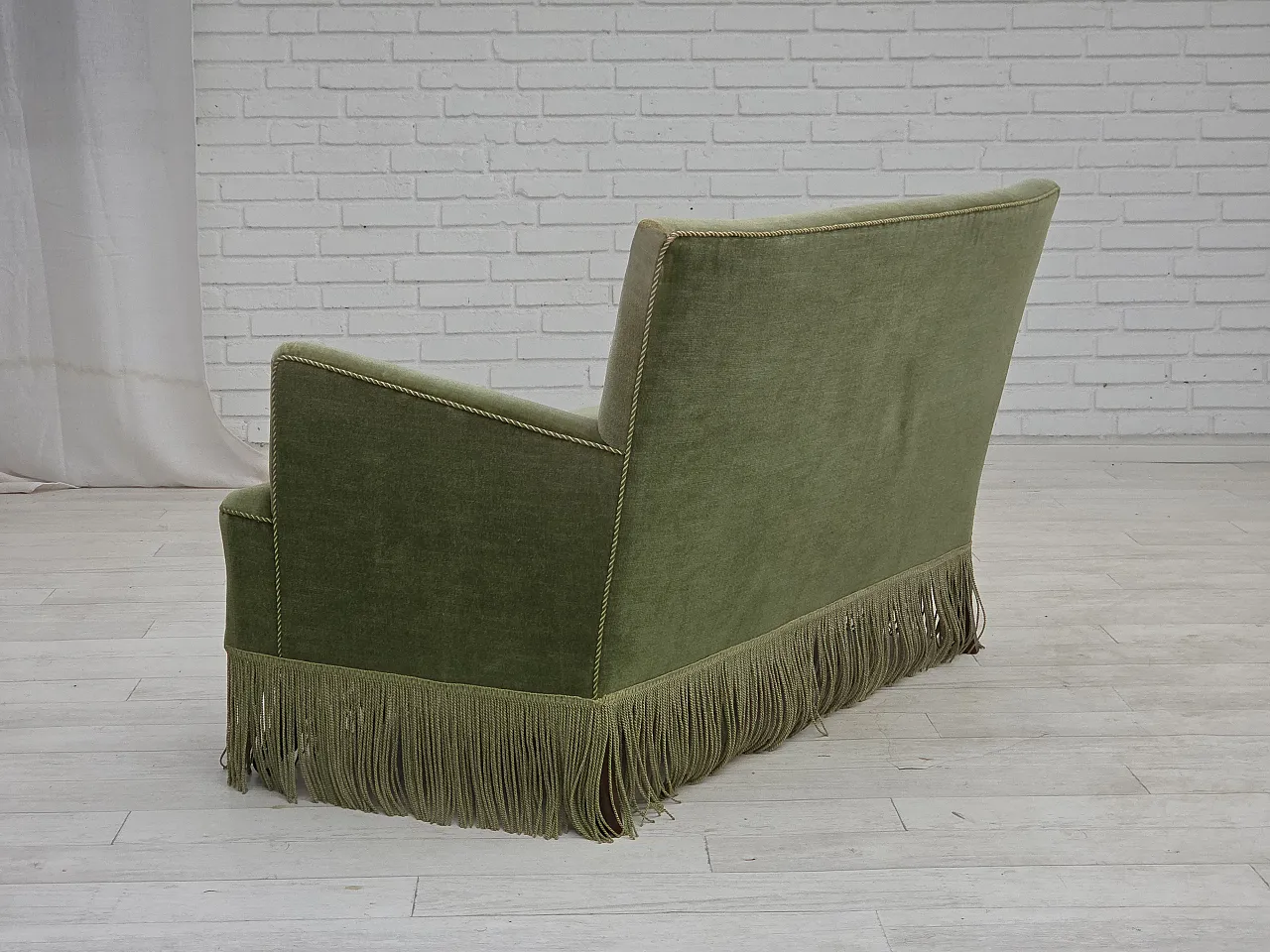 Danish 2-seater sofa green velour, beech wood legs, 1970s 15