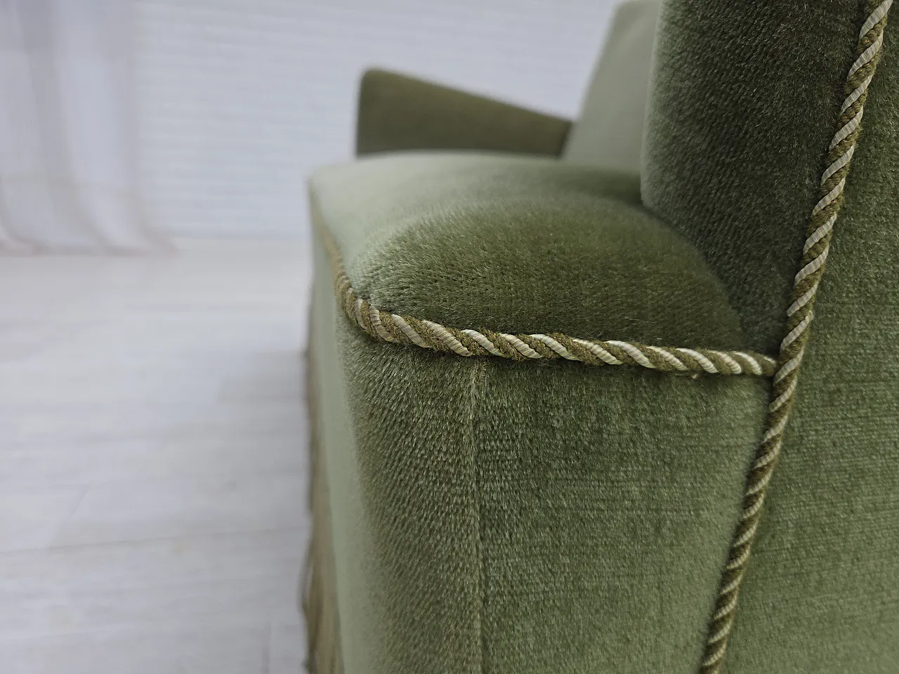 Danish 2-seater sofa green velour, beech wood legs, 1970s 17