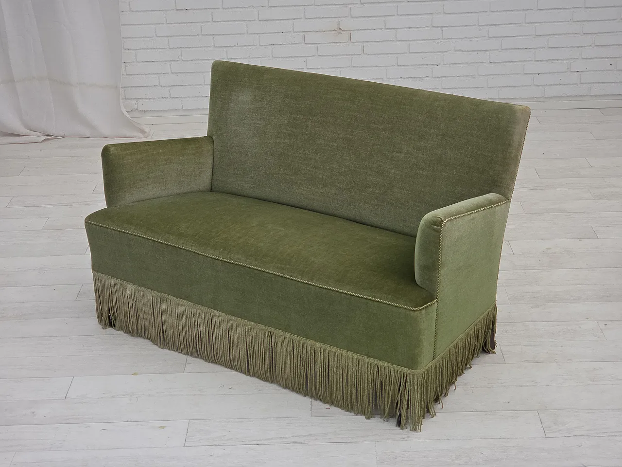 Danish 2-seater sofa green velour, beech wood legs, 1970s 18
