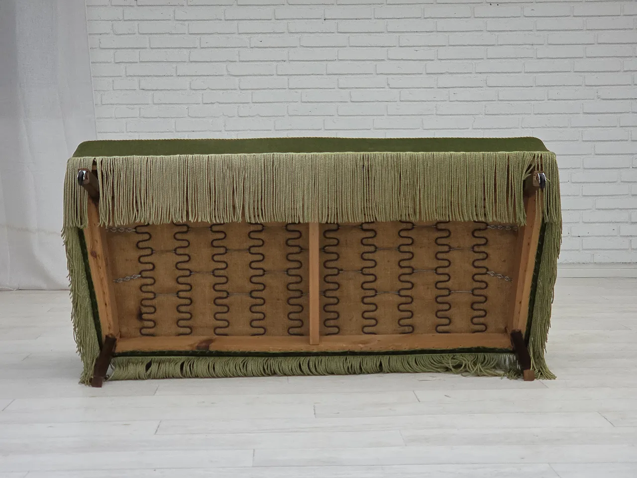 Danish 2-seater sofa green velour, beech wood legs, 1970s 19