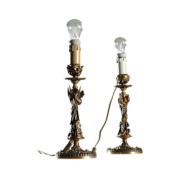 Coppia di candelieri in bronzo brunito e dorato, '900