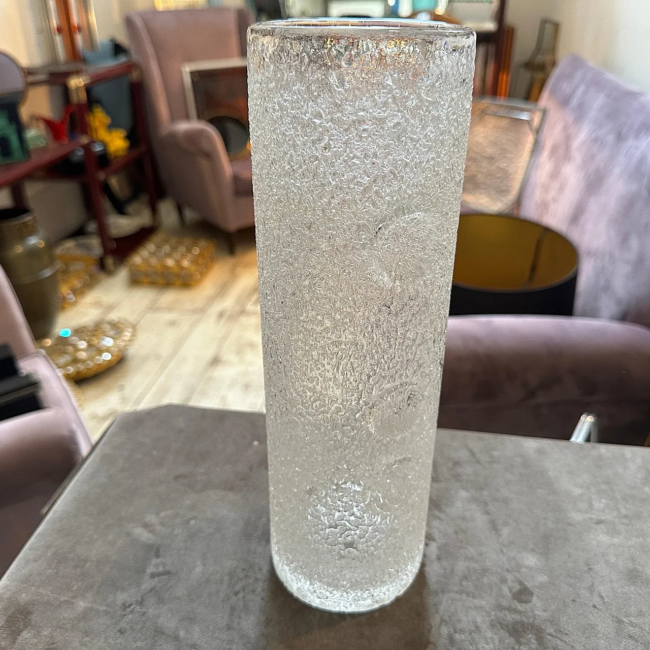 Brutalist clear glass cylinder vase by Jan Gabrhel, 1980s 3