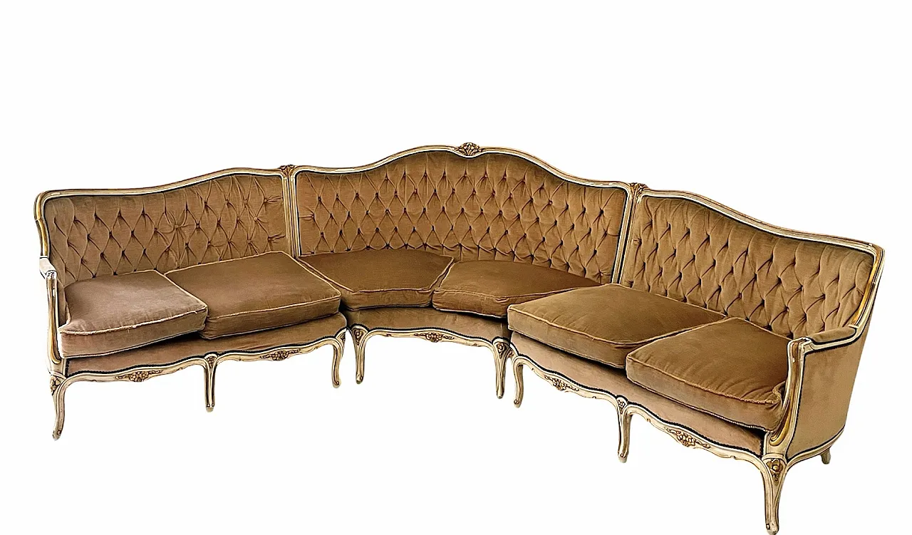 Louis XVI style corner sofa in 3 modules, wood and velvet, 60s 1