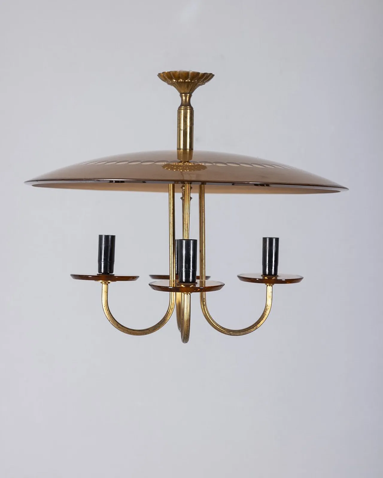 Lampadario in ottone e vetro rosa, anni '50 1