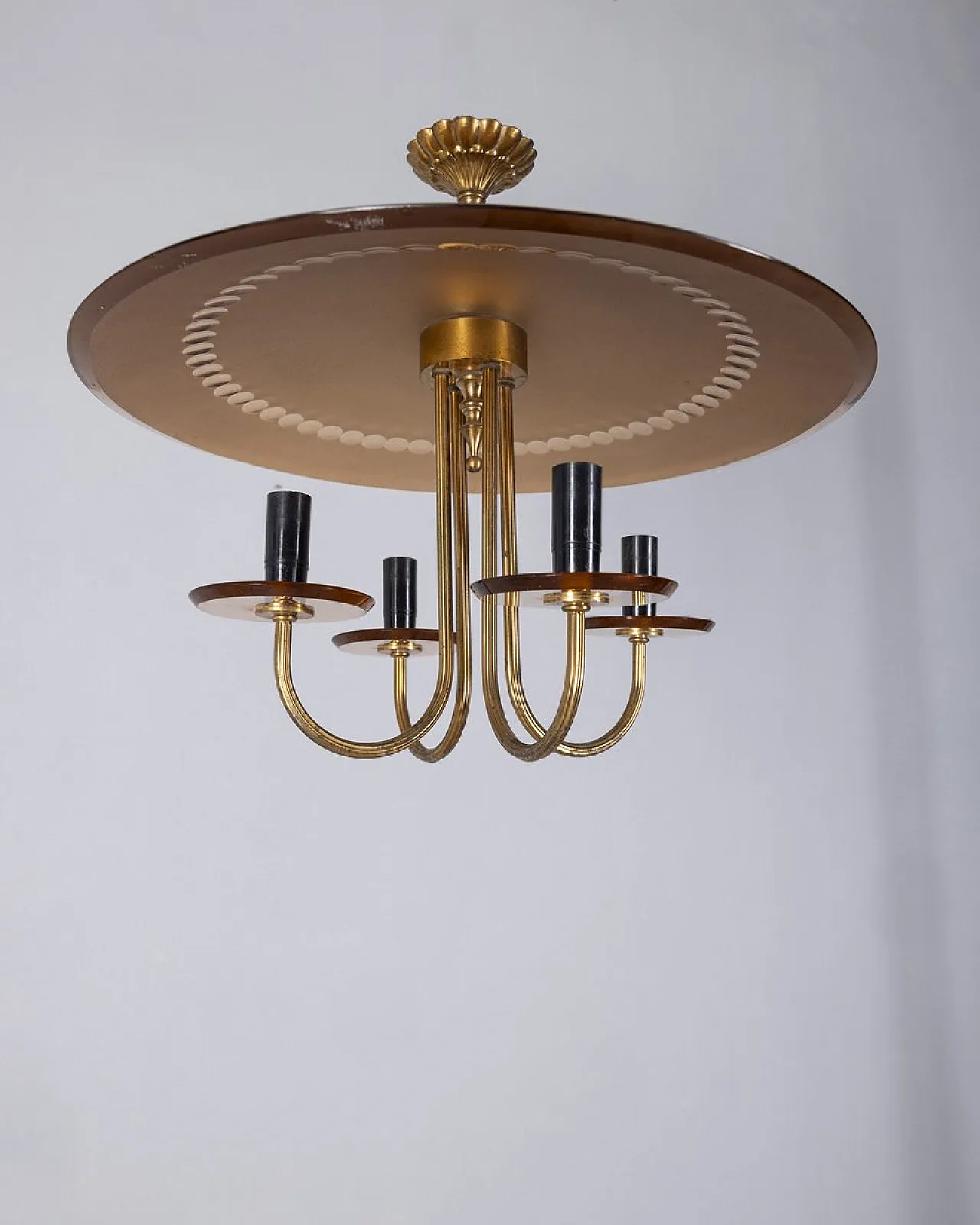Lampadario in ottone e vetro rosa, anni '50 3