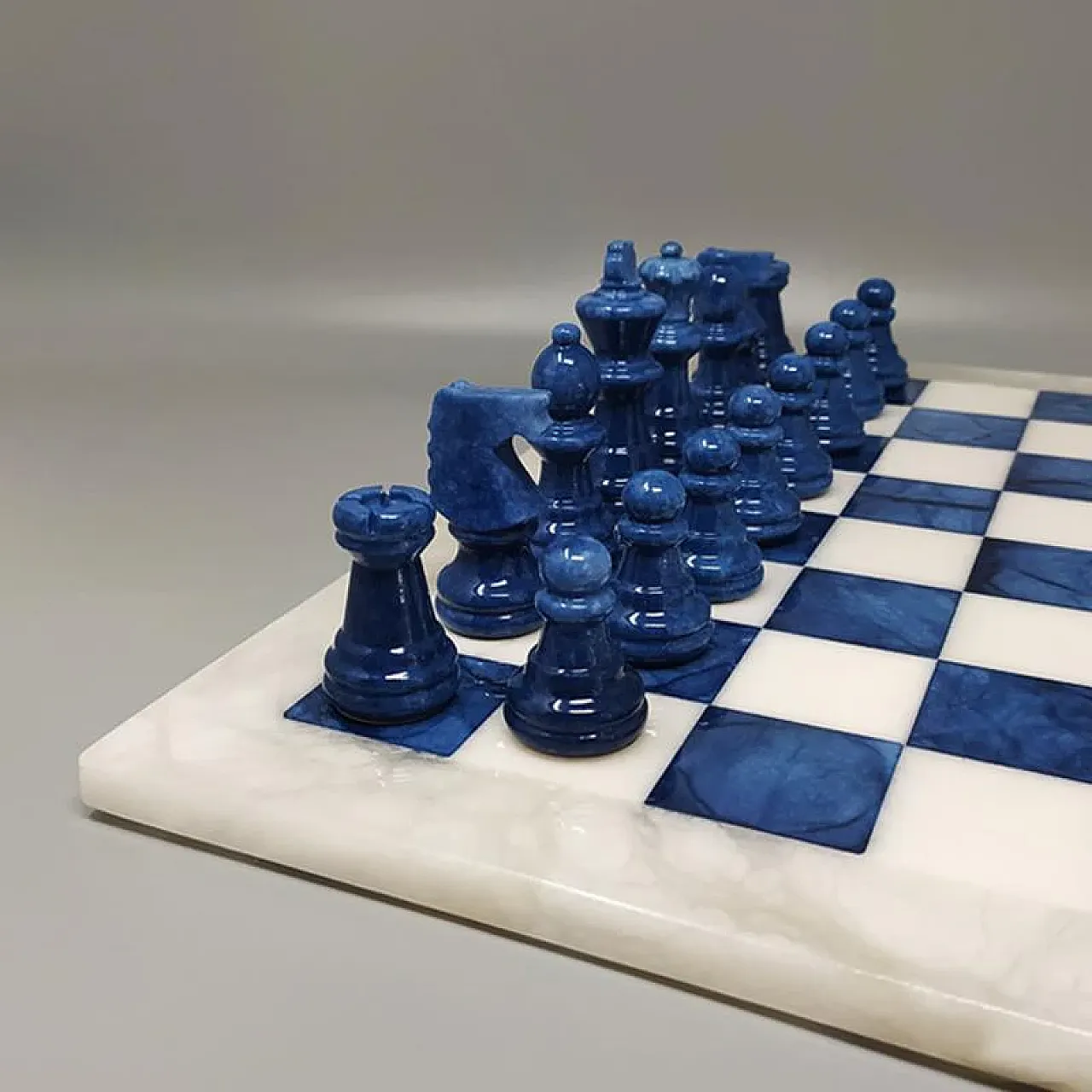 Blue and white chess set in Volterra alabaster, 1970s 3