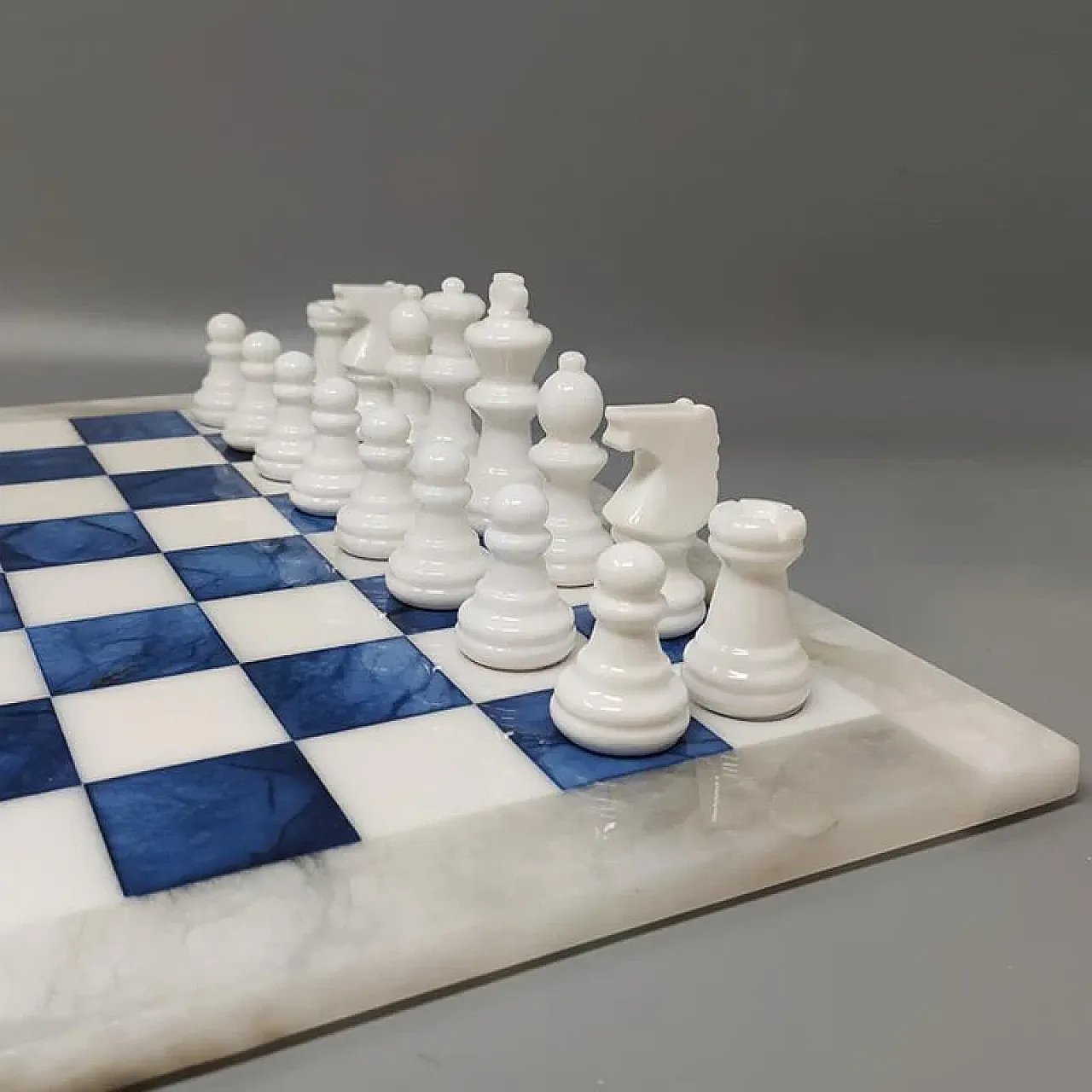 Blue and white chess set in Volterra alabaster, 1970s 4