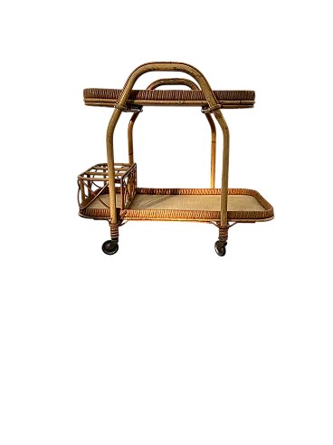 Carrello di servizio in rattan con vassoio rimovibile, anni '60