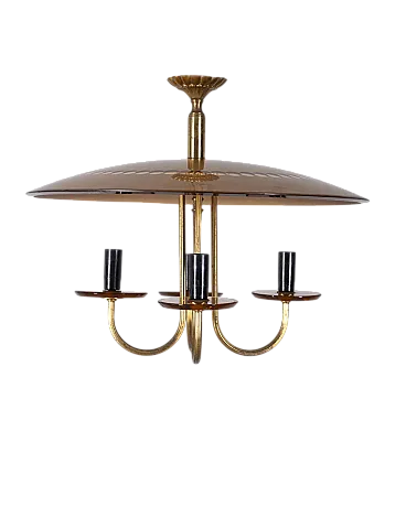 Lampadario in ottone e vetro rosa, anni '50