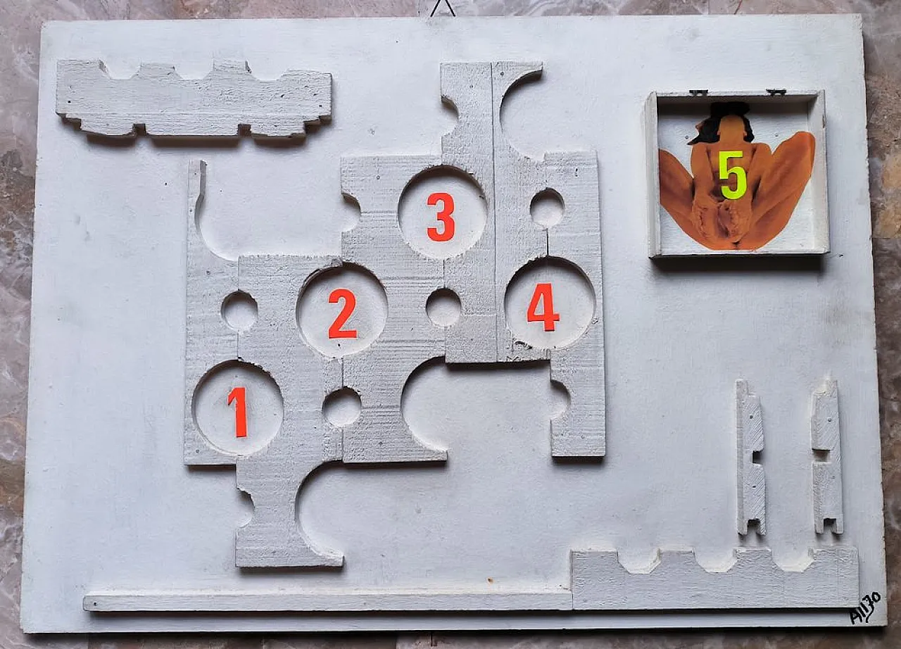 Liberazione n. 5 di Alberto Squarcia, collage su legno, anni '70 2