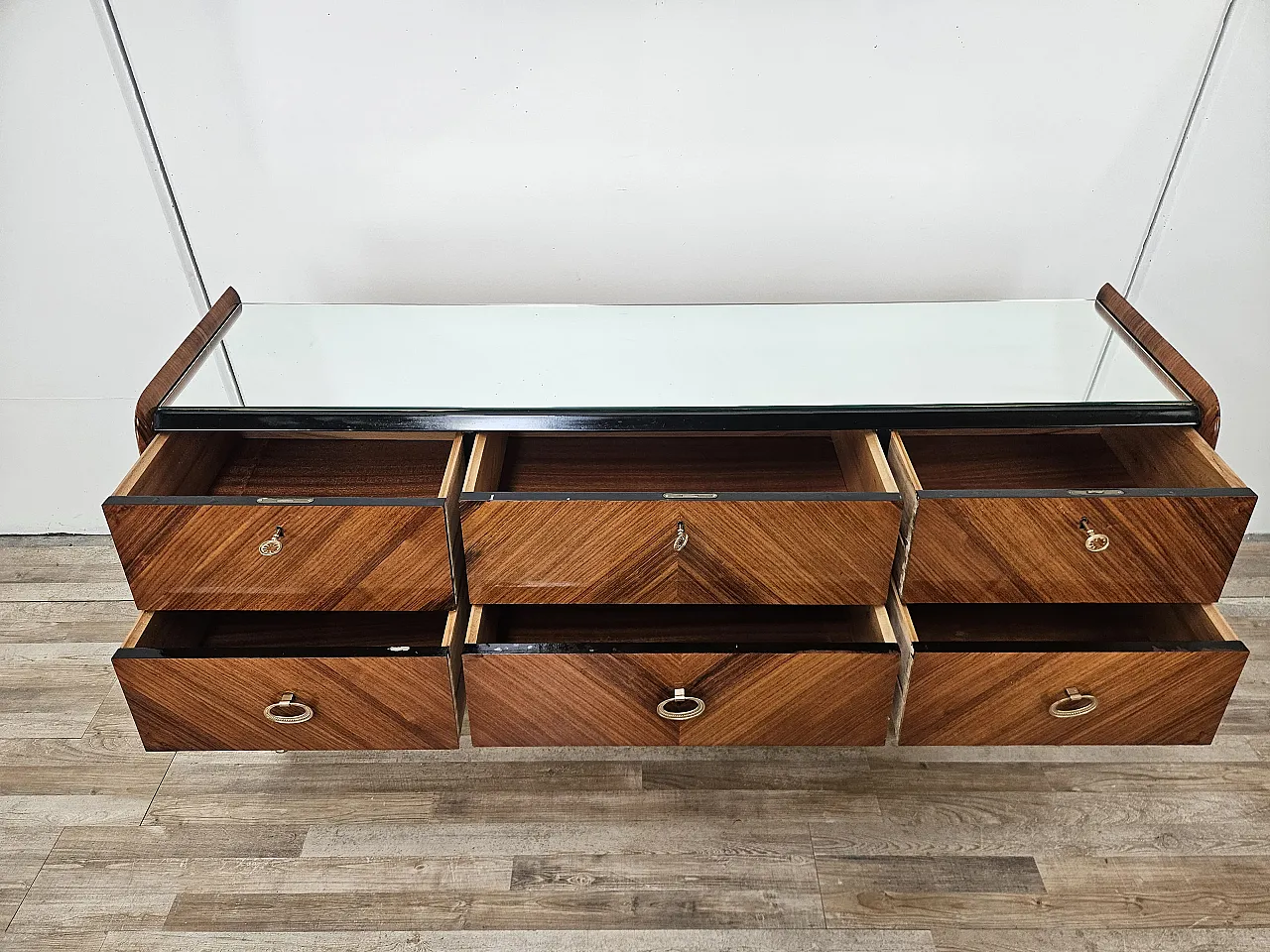 Mid Century drawer in mahogany and mirror, 1950s 11