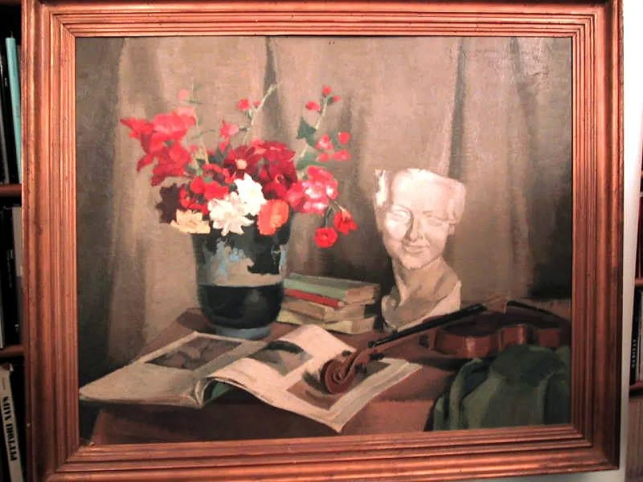 Natura morta di fiori con scultura e violino by Reine Virely, 1930s 2