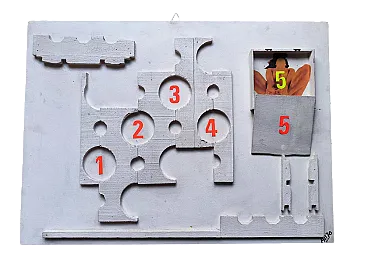 Liberazione n. 5 di Alberto Squarcia, collage su legno, anni '70