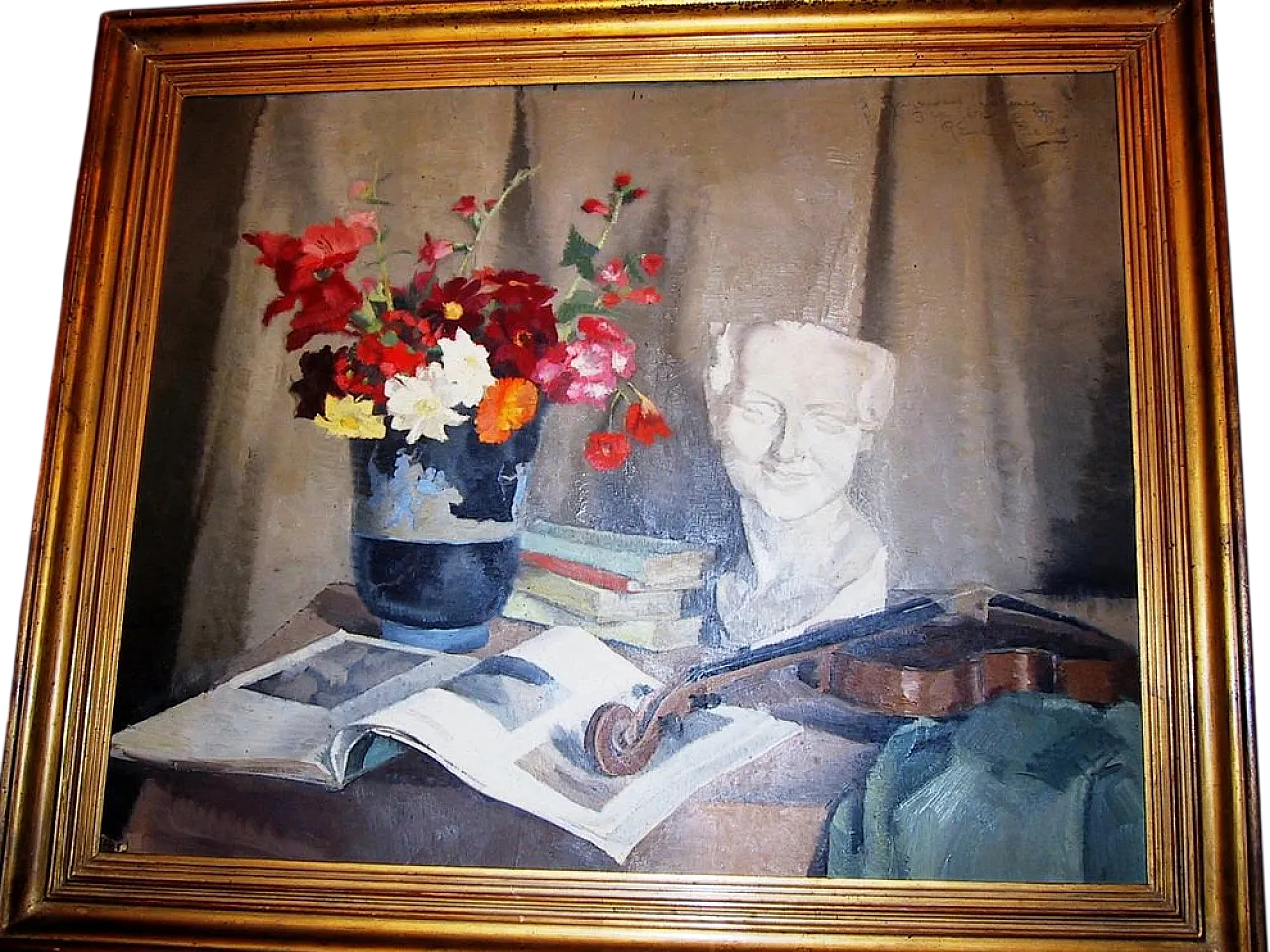 Natura morta di fiori con scultura e violino by Reine Virely, 1930s 3