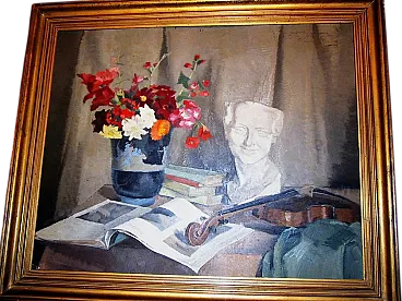 Natura morta di fiori con scultura e violino by Reine Virely, 1930s