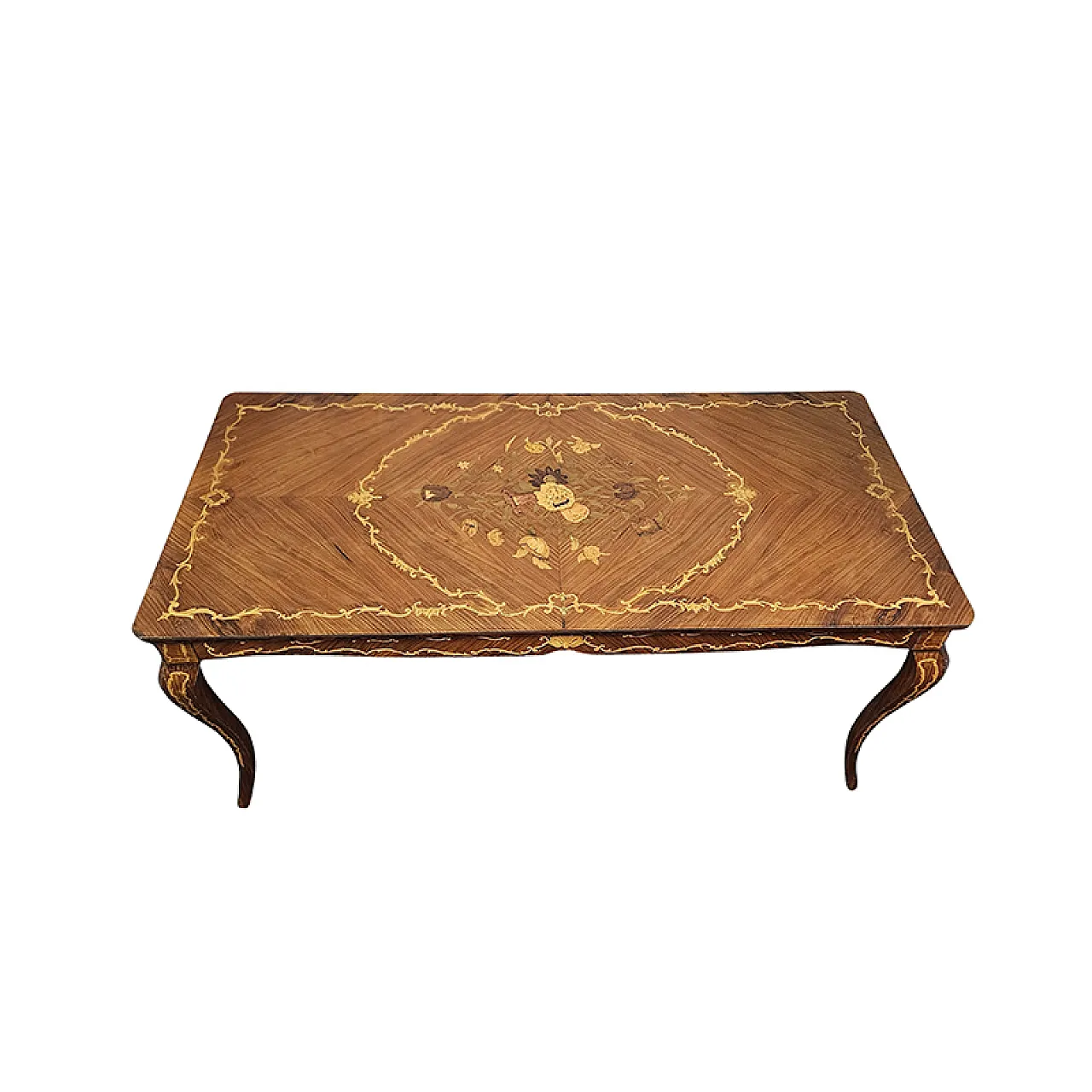 Tavolo in legno intarsiato, anni '50 5