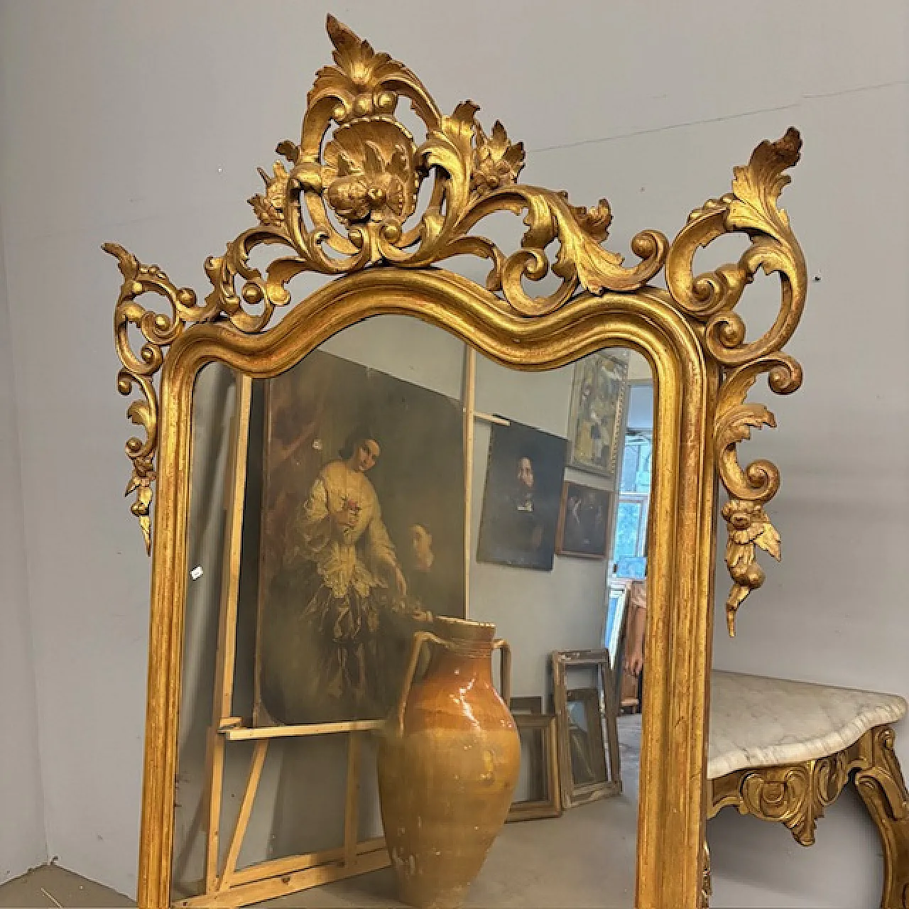 Antica  monumentale console + specchio Luigi Filippo 1840 Foglia oro a 13