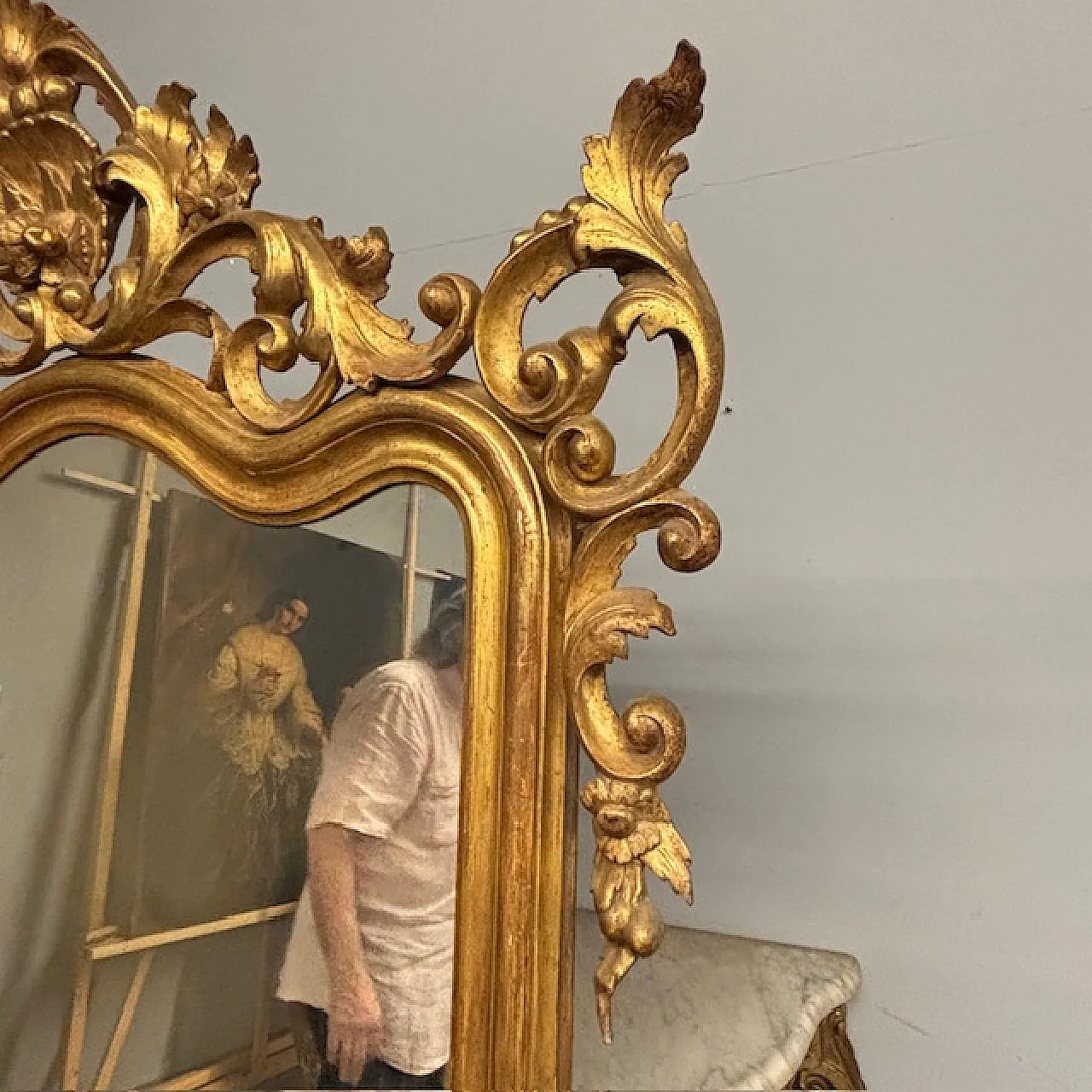 Antica  monumentale console + specchio Luigi Filippo 1840 Foglia oro a 15