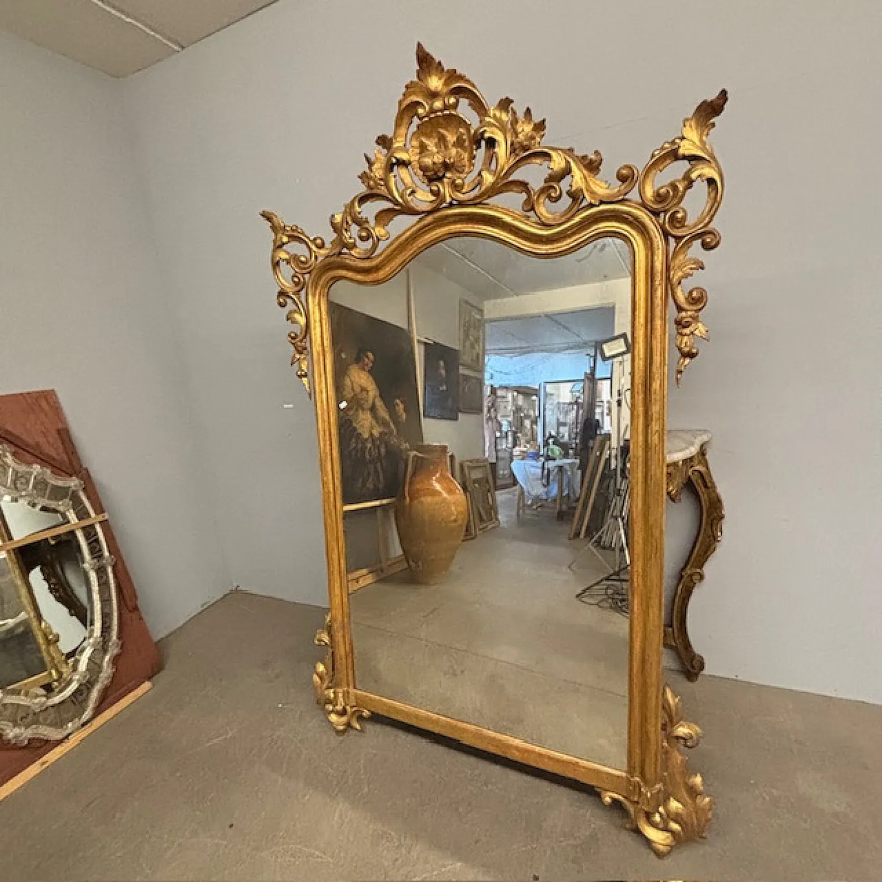 Antica  monumentale console + specchio Luigi Filippo 1840 Foglia oro a 18