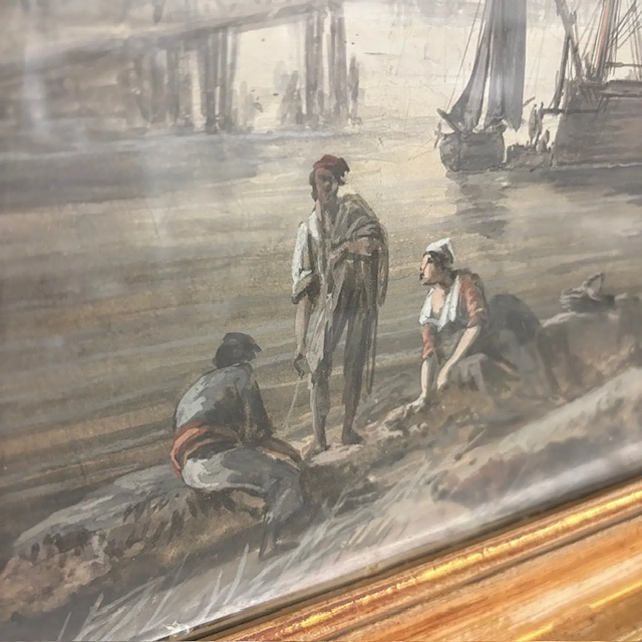 Marina, scena portuale, dipinto a grisaglia su carta, '700 3