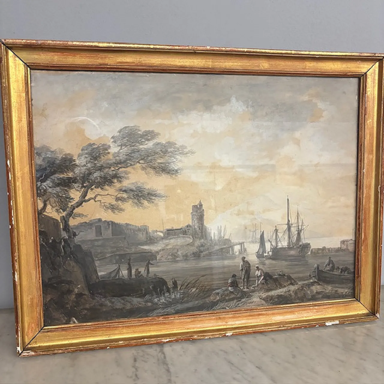 Marina, scena portuale, dipinto a grisaglia su carta, '700 8