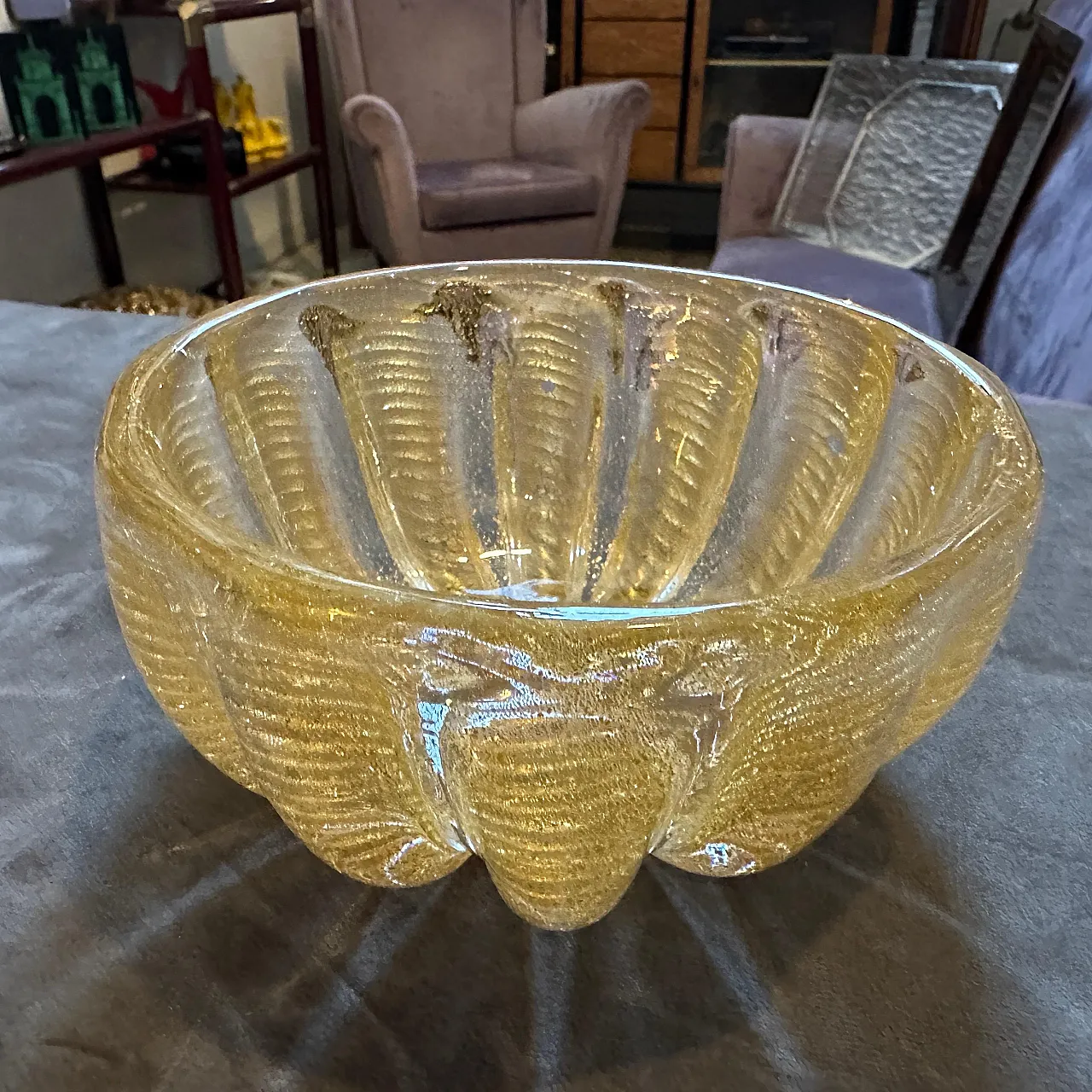 Barovier gold and clear Murano glass round bowl, 1970s 11