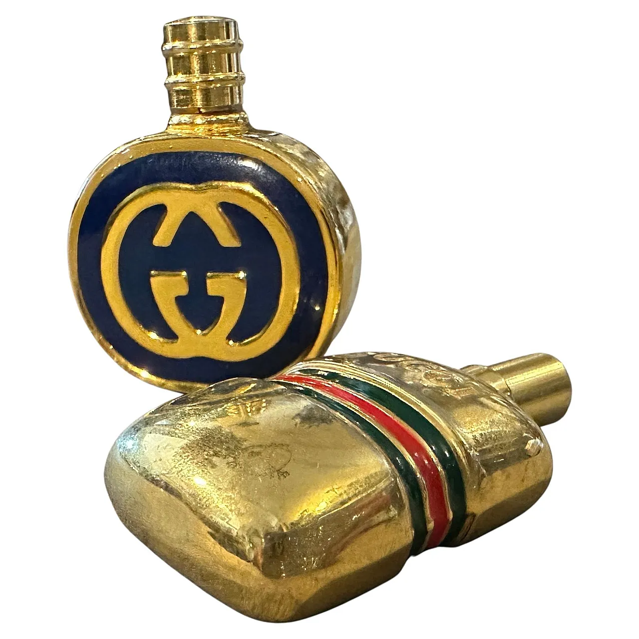 Pair of brass and enamel perfume bottles by Gucci, 1980s 2