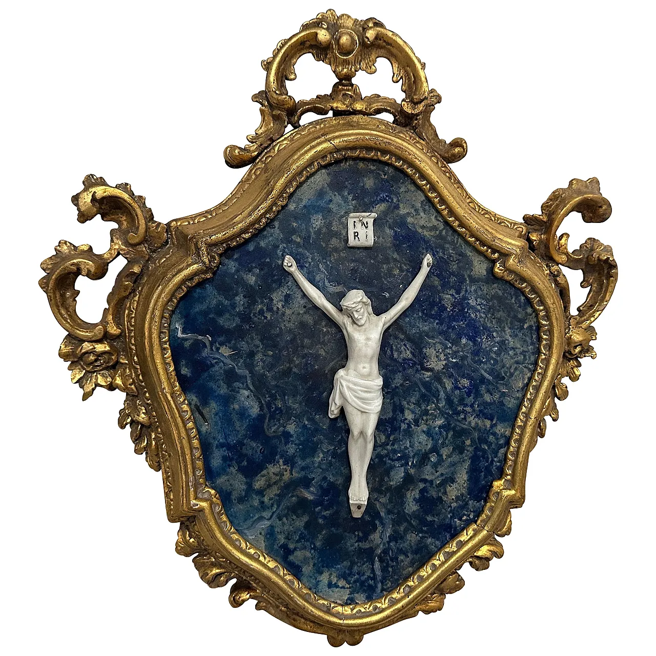 Gilded wooden frame with white porcelain Christ, 19th century 1