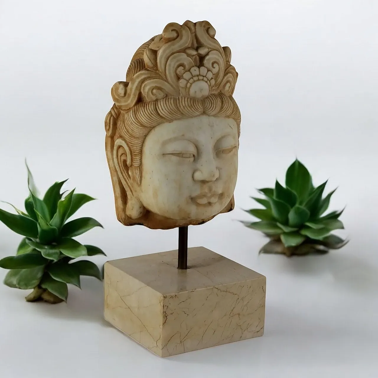Guanyin's head, marble sculpture with travertine base 2