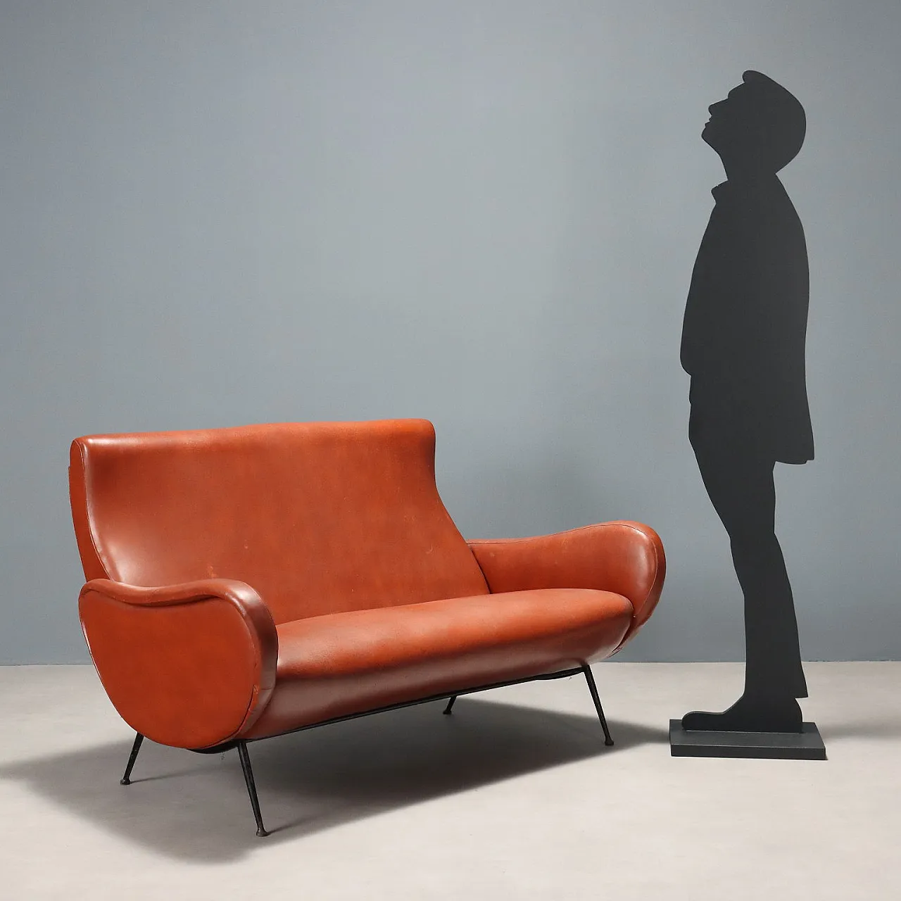 Sofa in red leatherette and meta, 1950s 2