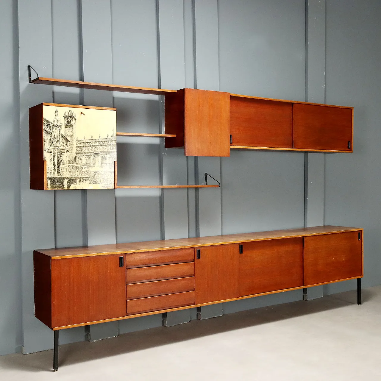 Wall cabinet in teak and enamelled metal, 1960s 1