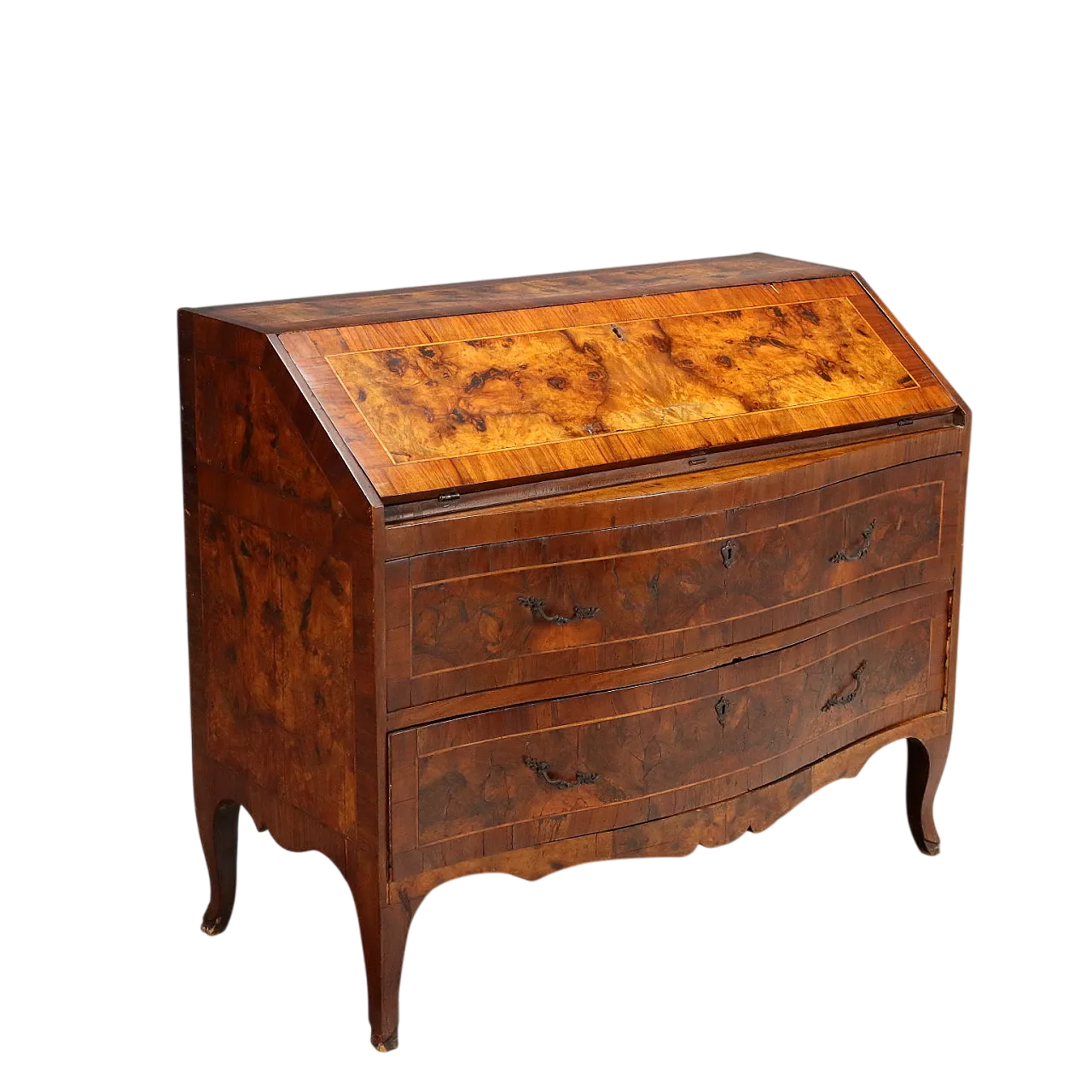 Comò barocco con piano a ribalta in noce e pioppo, '700 11