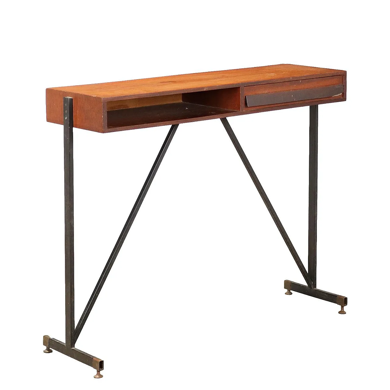 Consolle in teak con gambe in metallo smaltato & ottone, anni '60 1