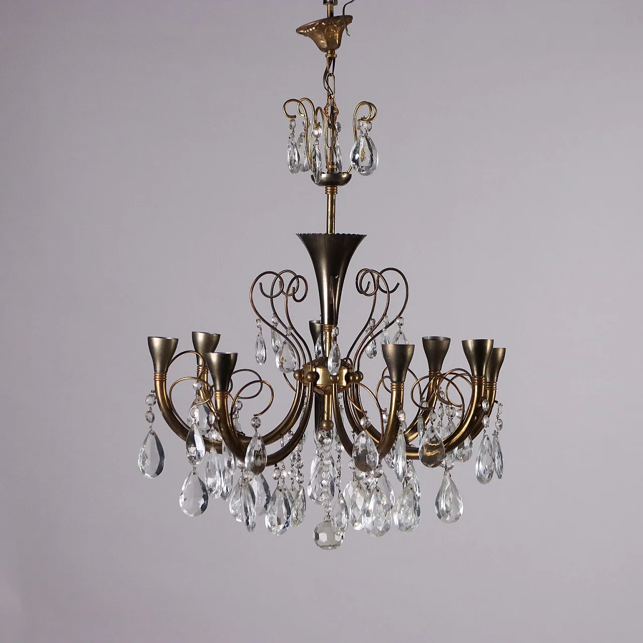 Eight-light brass and crystal chandelier, 1930s 1