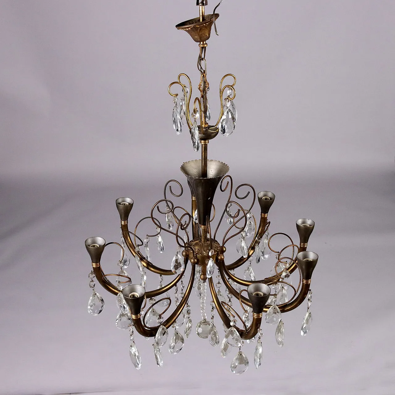Eight-light brass and crystal chandelier, 1930s 3