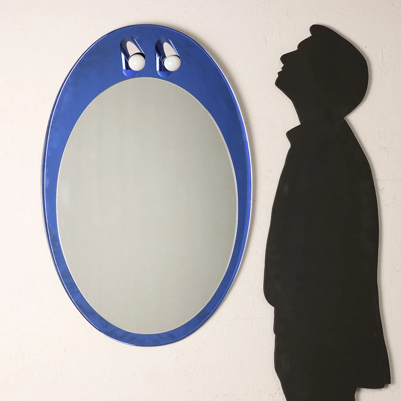 Specchio da parete con luci in vetro blu di Metalvetro Siena, anni '70 2