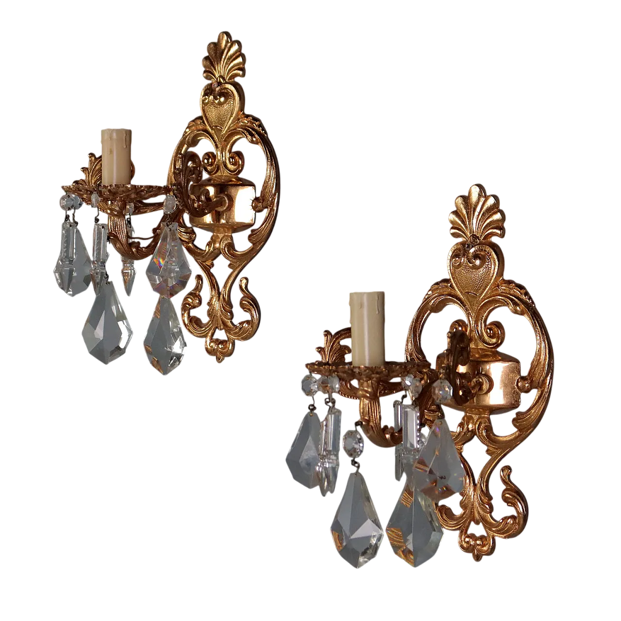 Coppia di appliques in stile rococò in bronzo e cristallo, '900 6