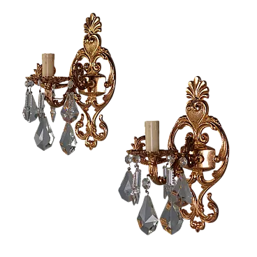 Coppia di appliques in stile rococò in bronzo e cristallo, '900