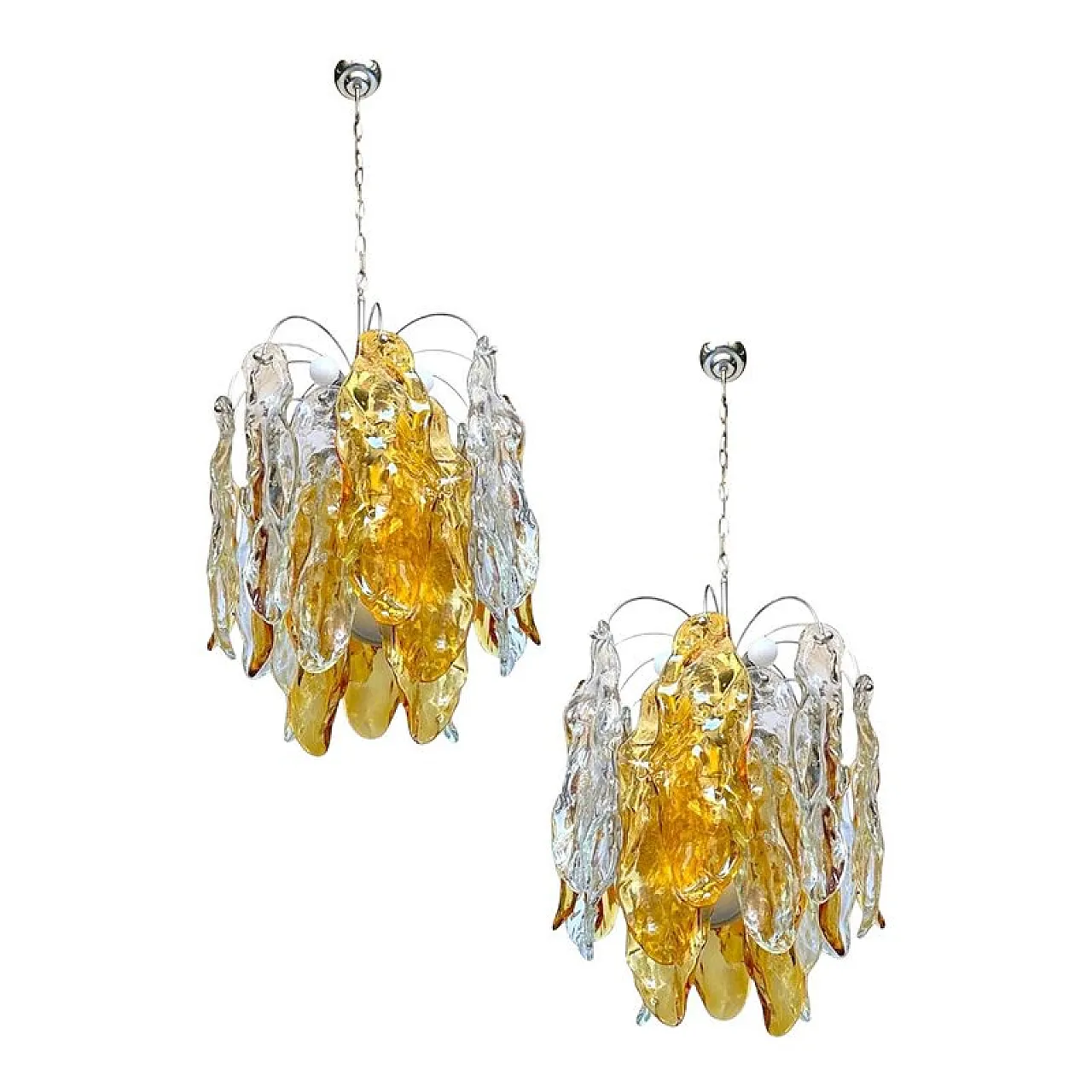 Coppia di lampadari in vetro di Murano dorato, anni '70 1