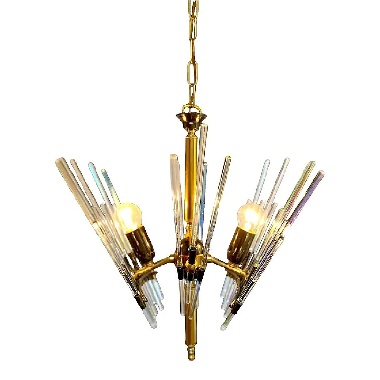 Lampadario Golden Era in ottone e vetro stile Sciolari, anni '60 1