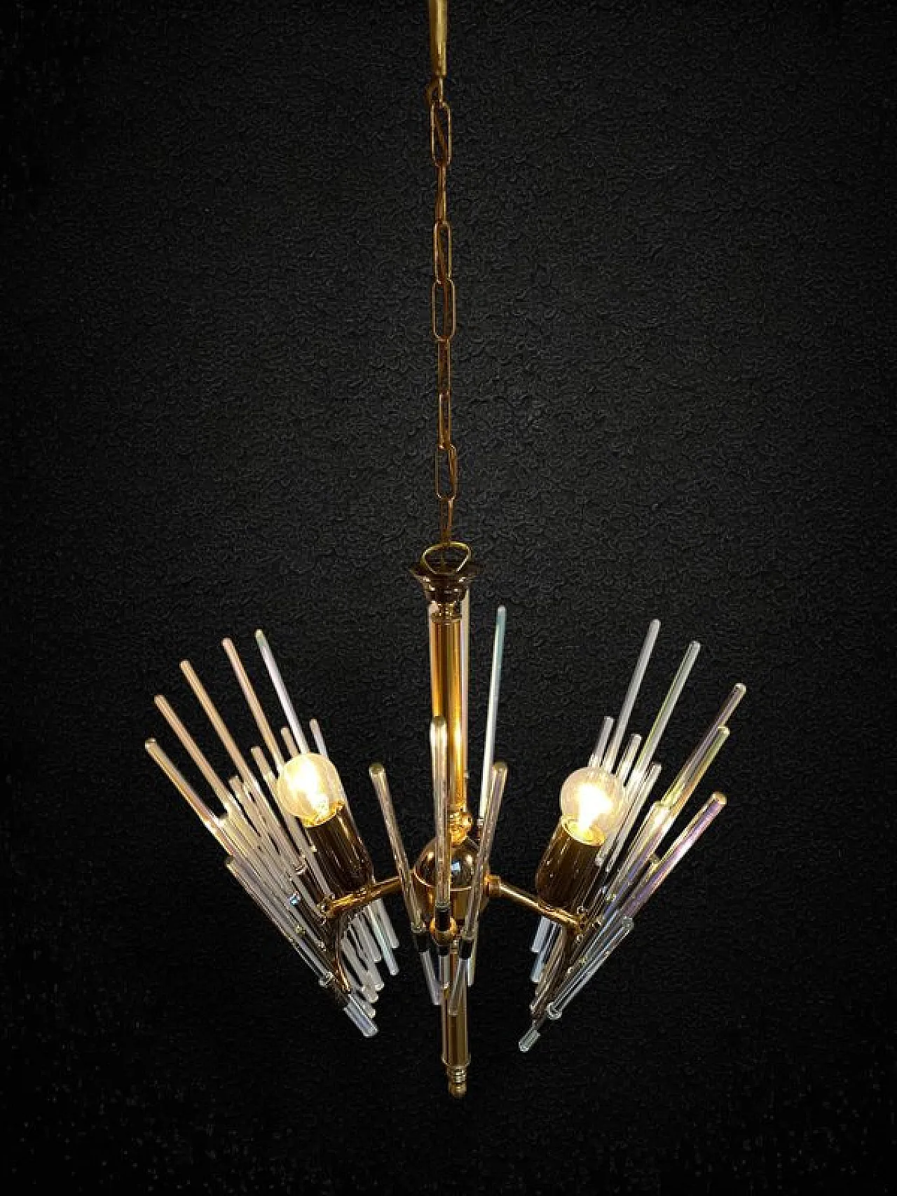 Lampadario Golden Era in ottone e vetro stile Sciolari, anni '60 3