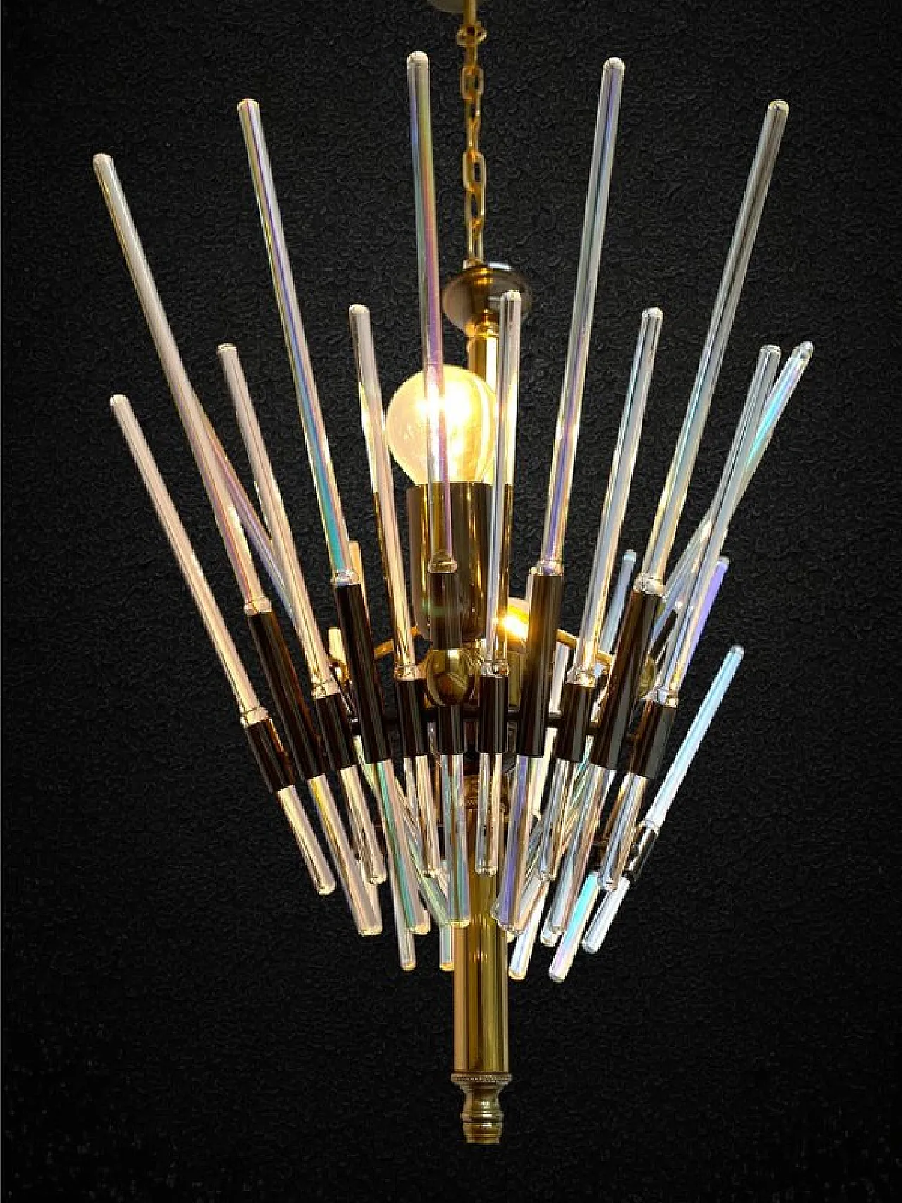 Lampadario Golden Era in ottone e vetro stile Sciolari, anni '60 5