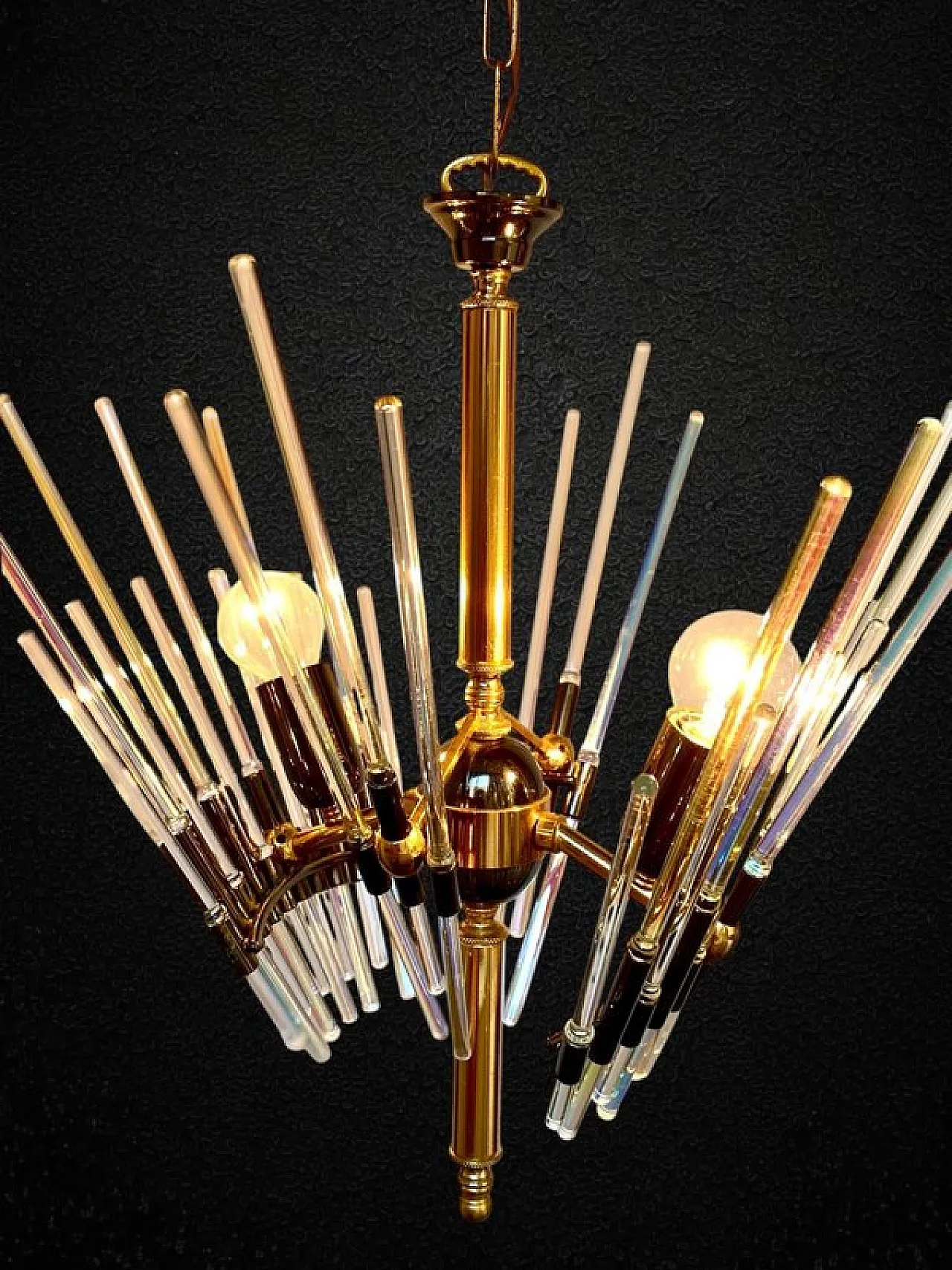 Lampadario Golden Era in ottone e vetro stile Sciolari, anni '60 6