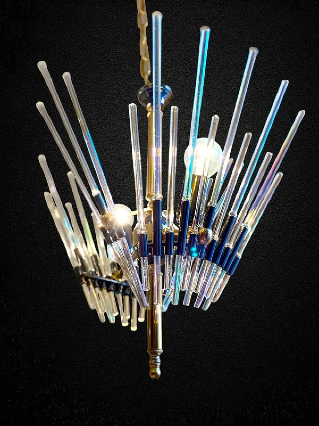 Lampadario Golden Era in ottone e vetro stile Sciolari, anni '60 7