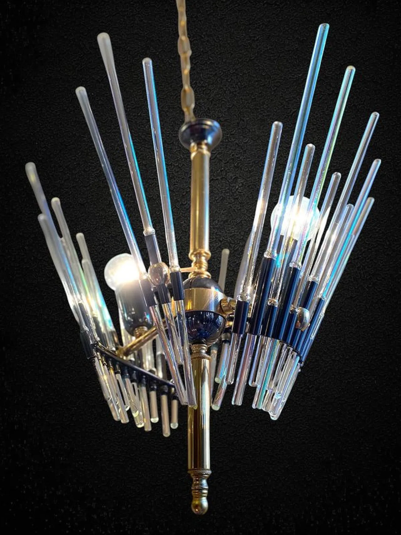 Lampadario Golden Era in ottone e vetro stile Sciolari, anni '60 10