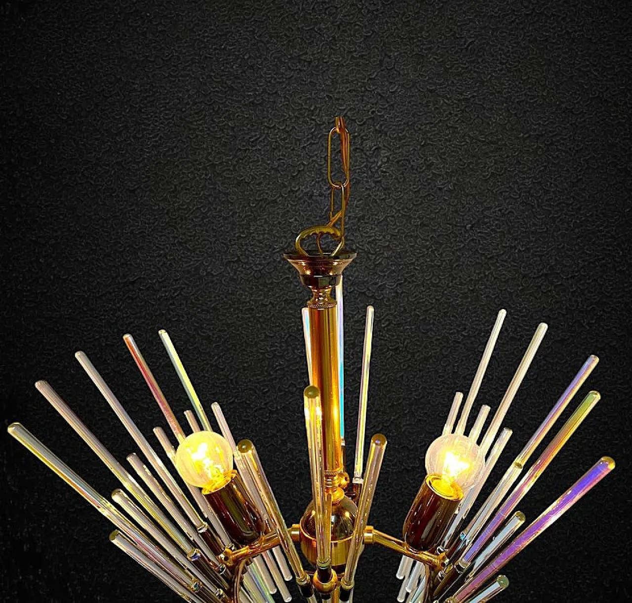 Lampadario Golden Era in ottone e vetro stile Sciolari, anni '60 13