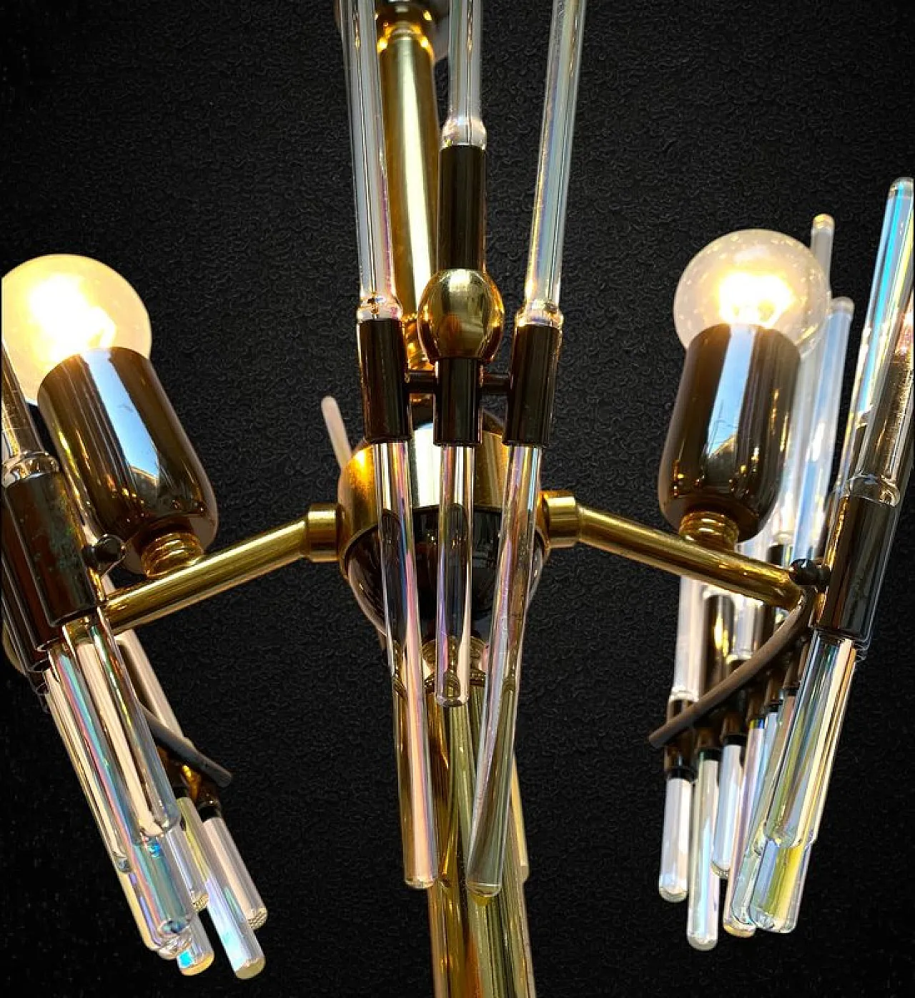 Lampadario Golden Era in ottone e vetro stile Sciolari, anni '60 14